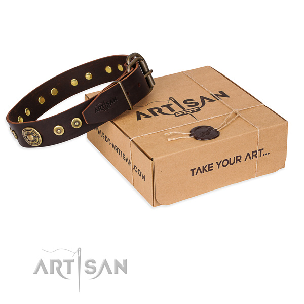 Natural genuine leather dog collar made of quality material with strong buckle