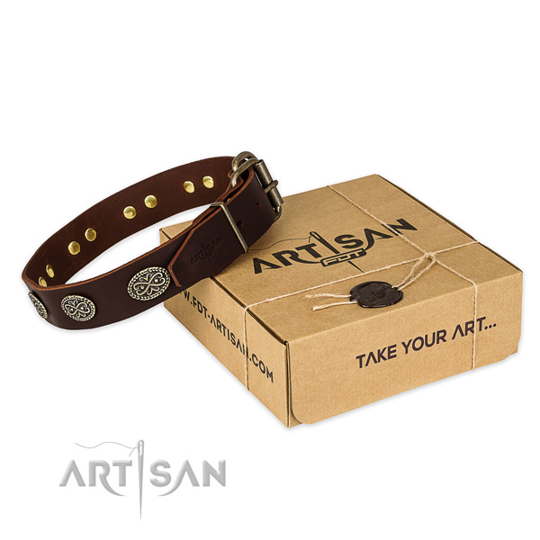 Rust resistant D-ring on full grain natural leather collar for your impressive dog