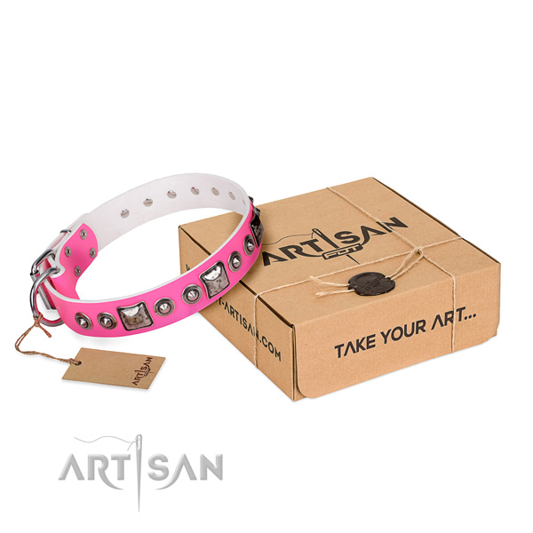 Quality natural genuine leather dog collar handcrafted for fancy walking