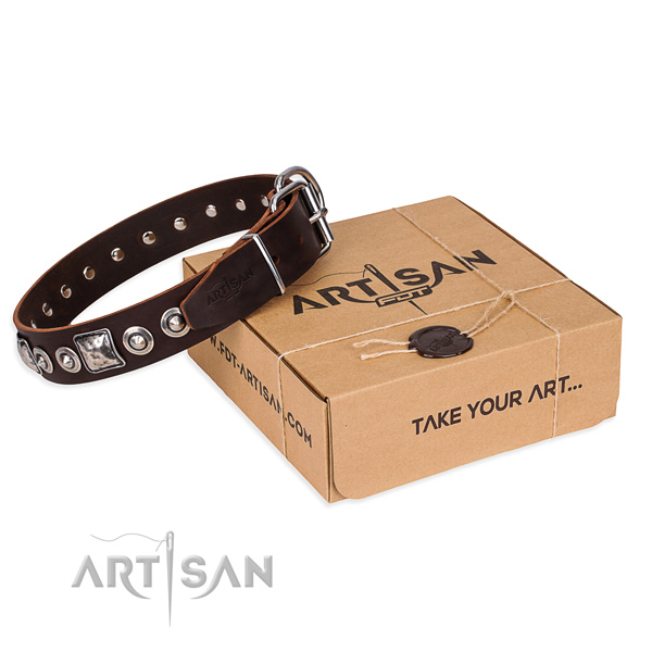 Full grain natural leather dog collar made of top rate material with corrosion proof fittings