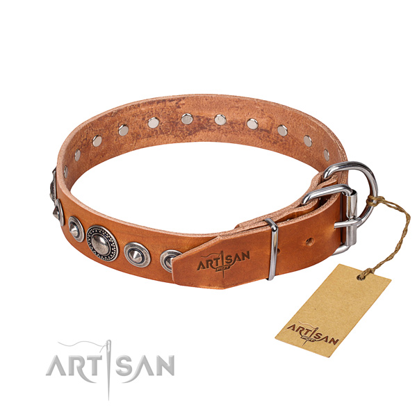 Natural genuine leather dog collar made of flexible material with corrosion resistant decorations