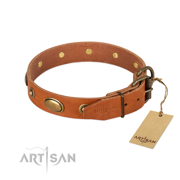 Strong D-ring on full grain natural leather dog collar for your four-legged friend