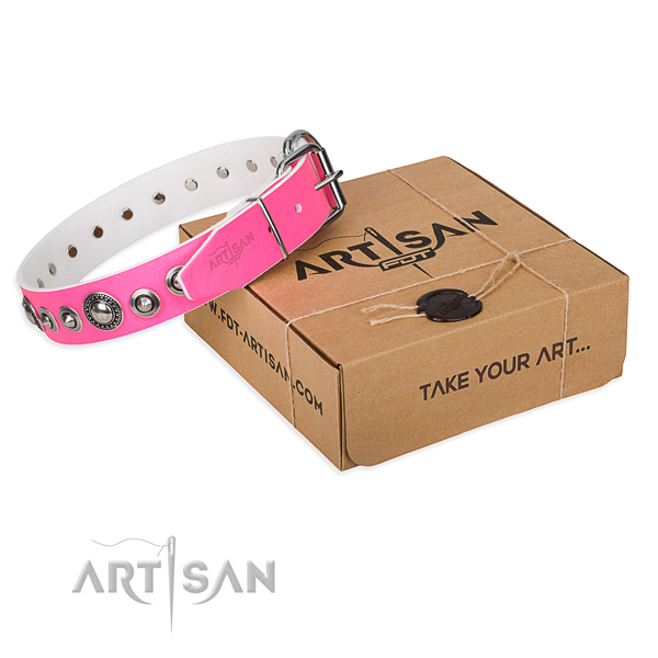 Natural genuine leather dog collar made of gentle to touch material with corrosion proof D-ring