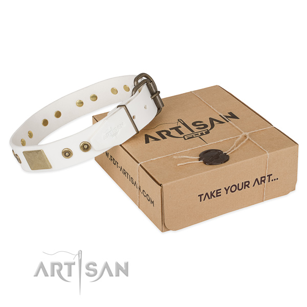 Corrosion resistant fittings on full grain genuine leather dog collar for handy use