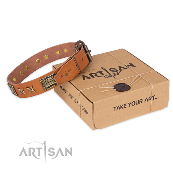 Corrosion resistant hardware on natural genuine leather collar for your handsome canine