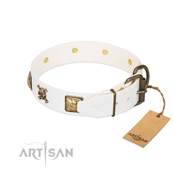 Comfy wearing full grain genuine leather dog collar with designer embellishments