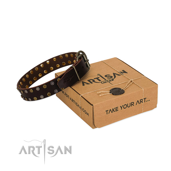 Everyday use gentle to touch genuine leather dog collar with embellishments