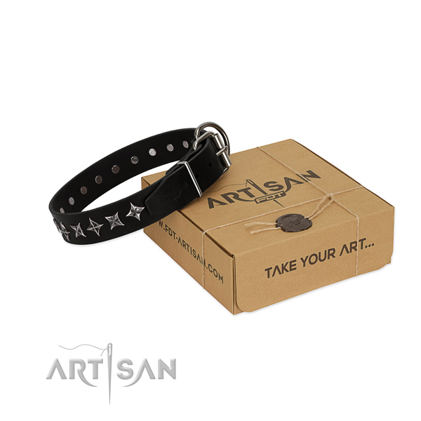 Comfortable wearing dog collar of finest quality genuine leather with embellishments