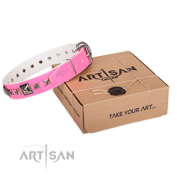 Easy wearing genuine leather dog collar with studs