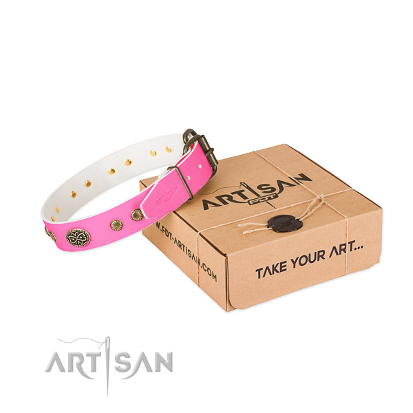 Rust-proof traditional buckle on full grain leather dog collar for your doggie