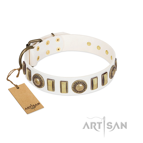 Trendy full grain natural leather dog collar with corrosion proof hardware