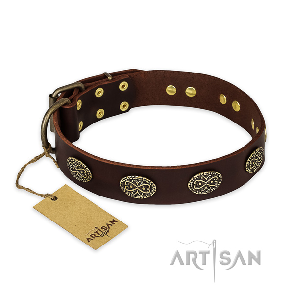 Handcrafted natural genuine leather dog collar with rust resistant D-ring