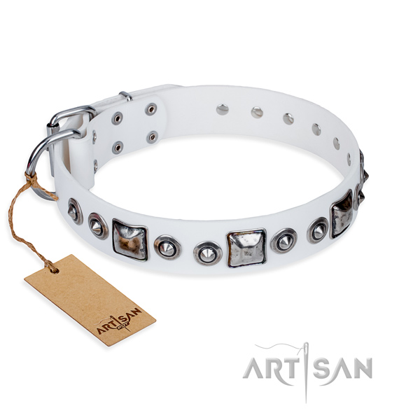 Full grain natural leather dog collar made of gentle to touch material with corrosion resistant D-ring