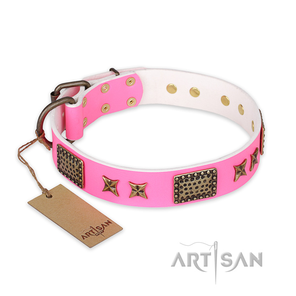 Inimitable full grain natural leather dog collar with corrosion resistant D-ring
