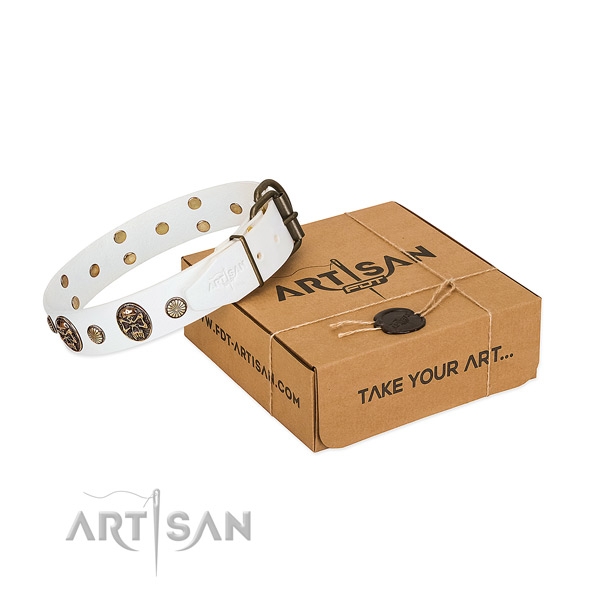 Durable D-ring on leather dog collar for easy wearing