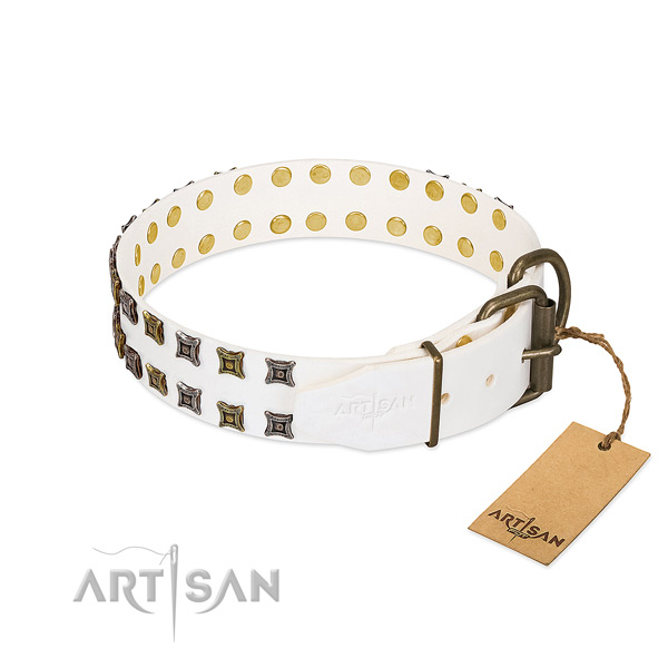 Full grain genuine leather collar with remarkable decorations for your doggie