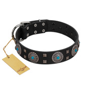 "Boundless Blue" FDT Artisan Black Leather Newfoundland Collar with Chrome Plated Brooches and Square Studs