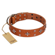 "Tawny Beauty" FDT Artisan Tan Leather Newfoundland Collar Adorned with Stars and Tiny Squares