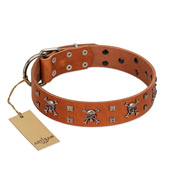 "Rebellious Nature" FDT Artisan Tan Leather Newfoundland Collar Embellished with Crossbones and Square Studs