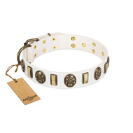 "Mystery of Times" FDT Artisan White Leather Newfoundland Collar with Plates and Medallions with Skulls  "Mystery of Times" FDT Artisan White Leather Newfoundland Collar with Plates and Medallions with Skulls